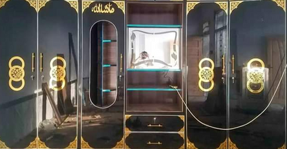 Large black wardrobe with gold circular shape acrylic C-1 design accents and mirrors inside