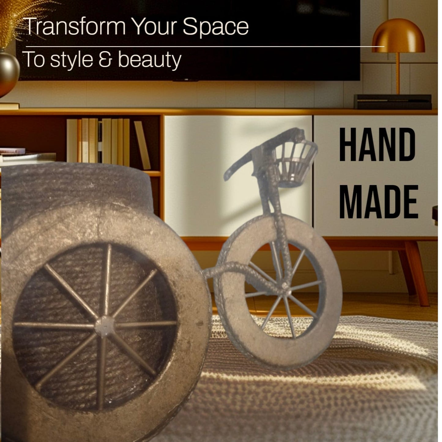 Decorative items including a bicycle and large wheels on a textured surface with text overlay.