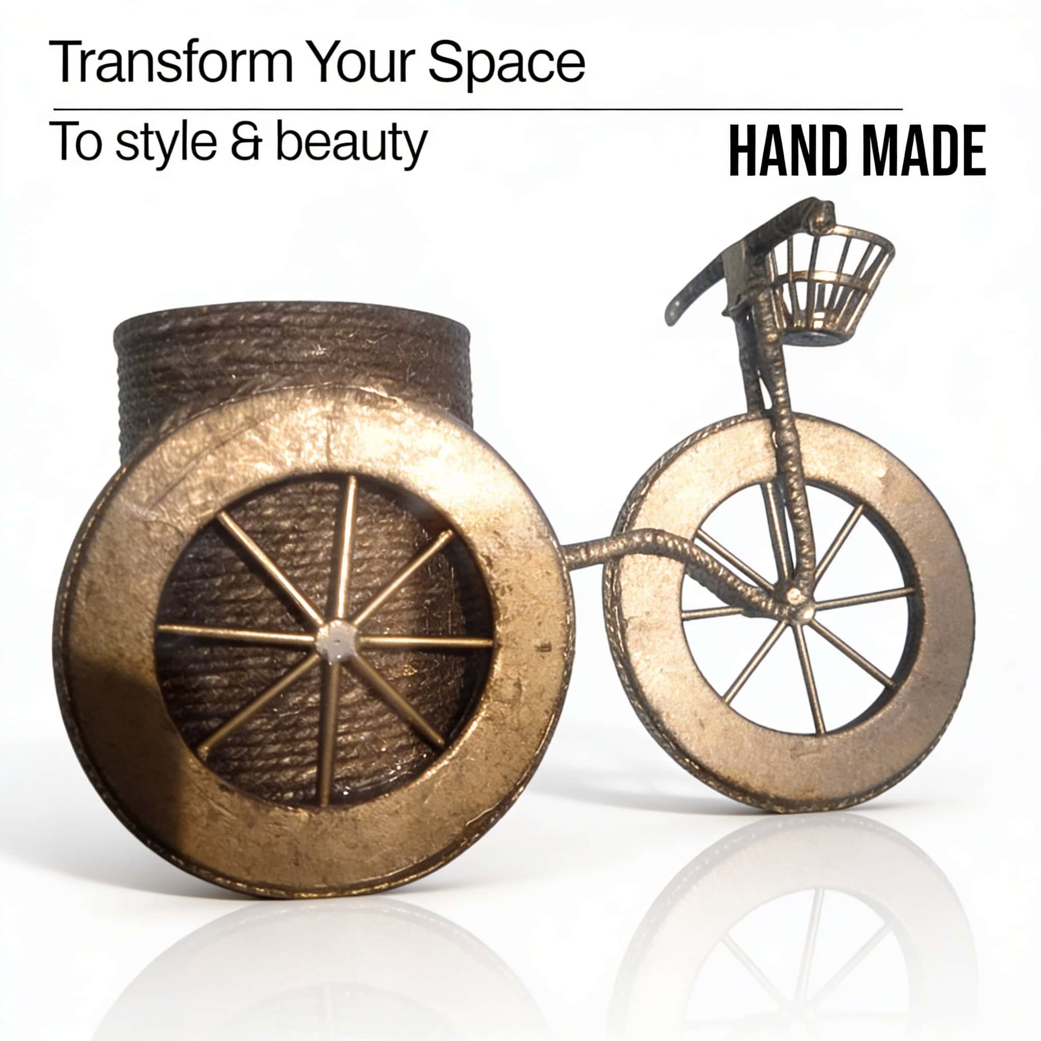 A decorative vintage-style jhoot ,metal tricycle with a basket on a white reflective surface, alongside text reading 'Transform Your Space To style & beauty' and 'HAND MADE'.