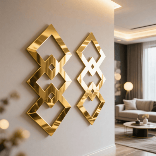 Gold geometric wall art pieces on a white wall in a modern living room.