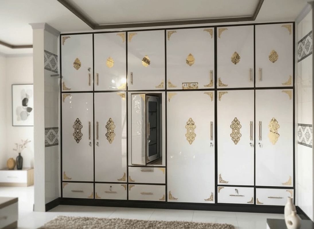 Modern wardrobe with decorative acrylic design in a room setting