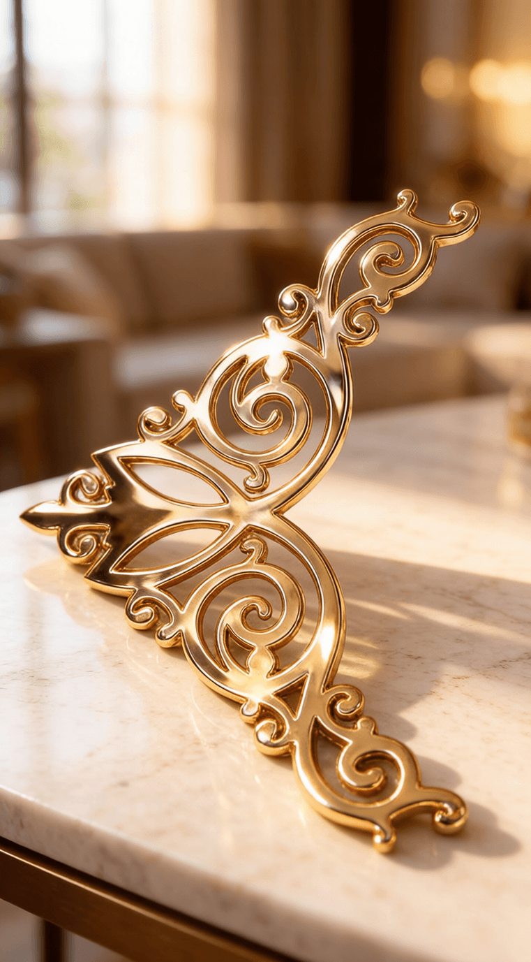 Decorative gold metal piece on a marble surface with a blurred background