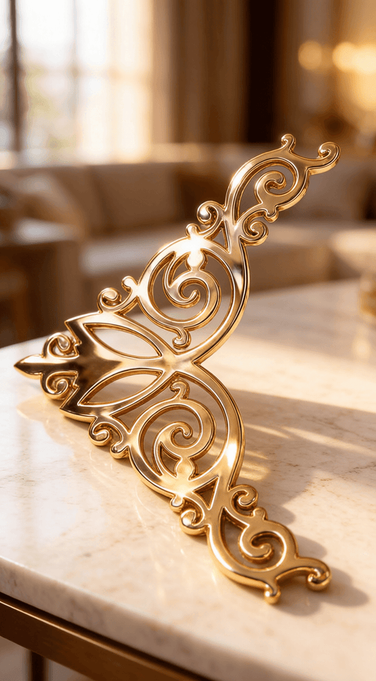 Decorative gold metal piece on a marble surface with a blurred background
